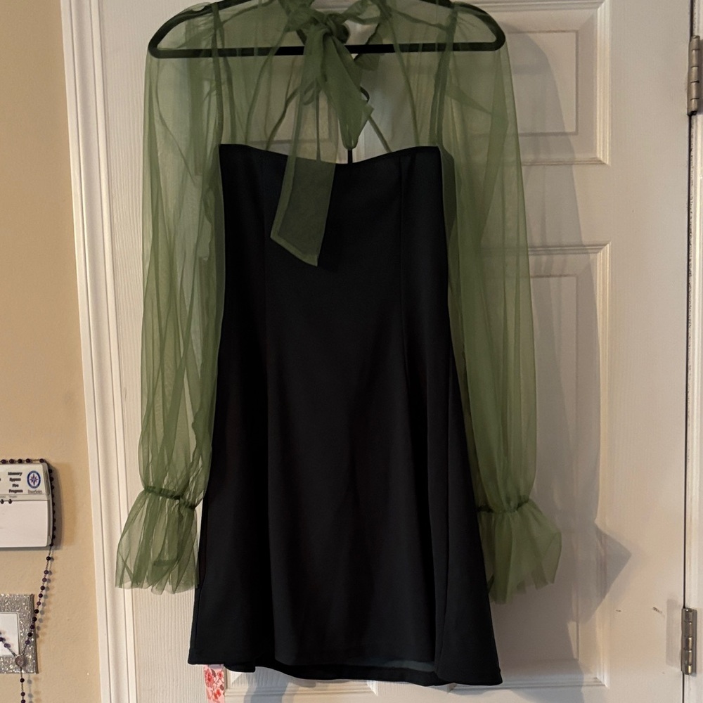 SHEIN Black Dress with Sheer Green Sleeves
